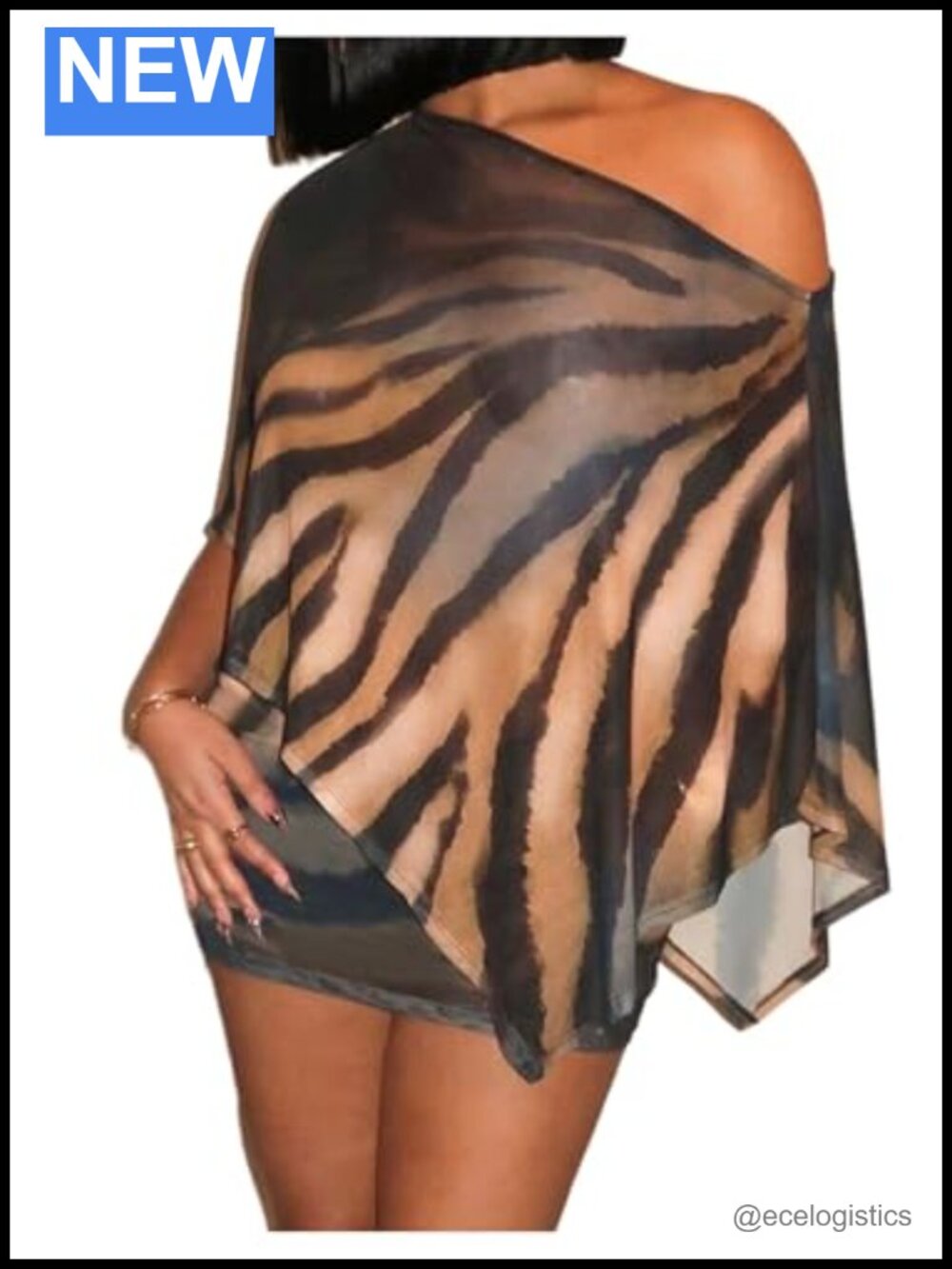 2 Pc Zebra Print Off Shoulder Top & Mini Skirt Club Set with Sheer Mesh